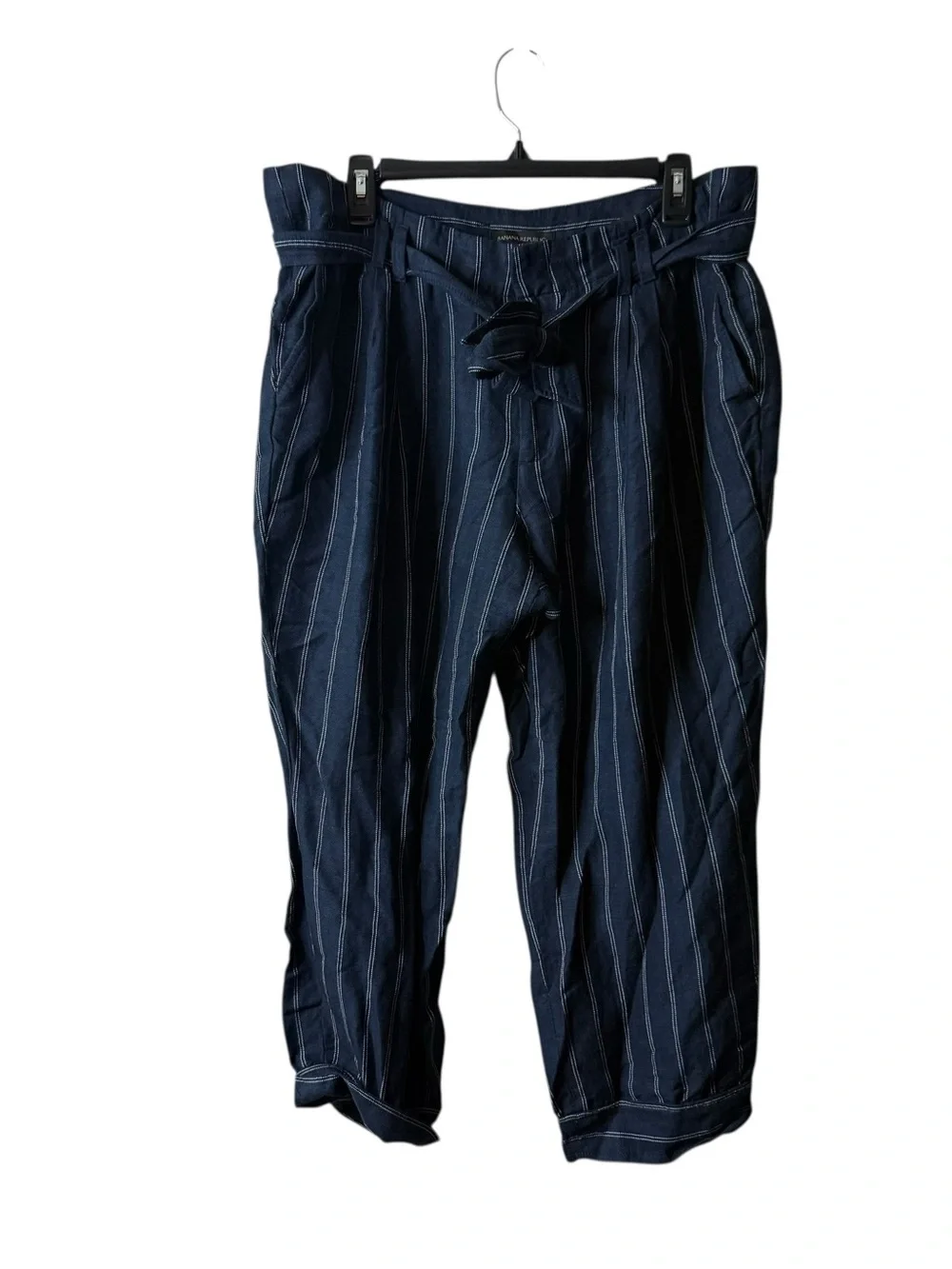 Banana Republic Navy Blue Striped Linen Blend Tie Waist Pants